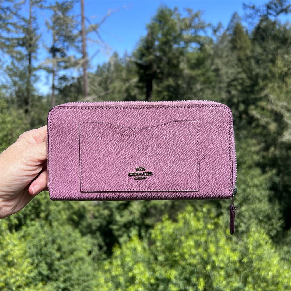 COACH Long Zip-Around Purple Crossgrain Leather Wallet Silver Hardware AUTHENTIC